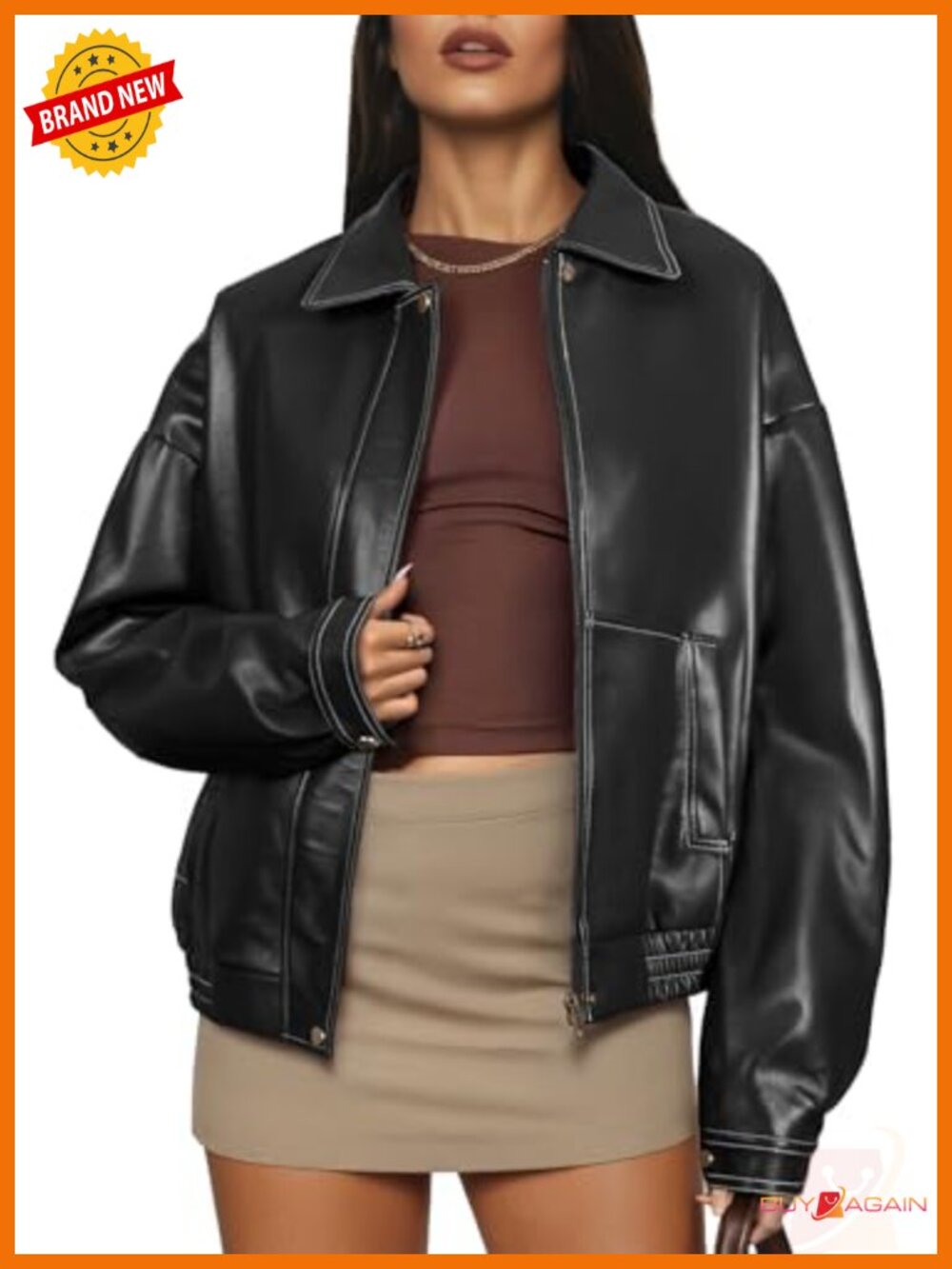 Faux Leather Jacket Women Oversized Bomber Moto Zip Up Fall Winter Coat